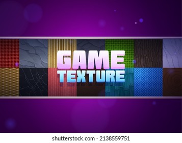 Game textures bamboo stems, straw and wicker, wooden planks, tree bark and stone or marble, textile seamless patterns. Realistic 3d tiles of natural materials, textured design elements, Vector set