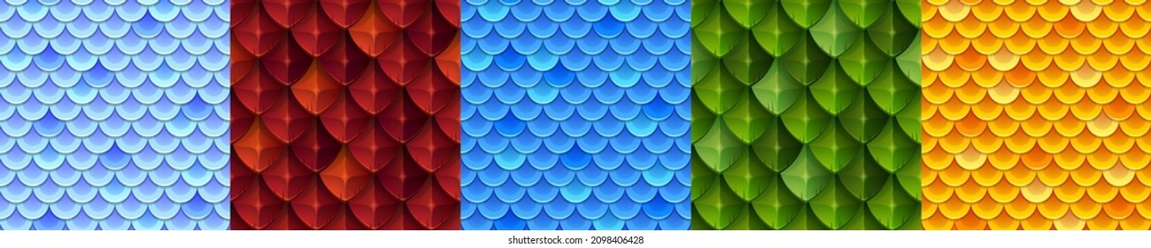 Game textures of dragon or fish skin, cuirass armor of reptile scale seamless background. Repeated patterns blue, red, green, yellow, red colors. Chain mail of fantasy animal squama Cartoon vector set