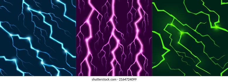 Game textures with electric lightnings, light flashes effect in storm at night. Vector seamless patterns with green, blue and purple thunderbolts, electric impacts with glow