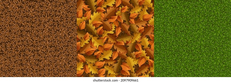 Game textures of green or dead brown grass and fallen autumn leaves seamless patterns. Lush lawn, meadow, fall foliage top view. 3d textured backgrounds, nature surface, graphic ui, gui vector layers