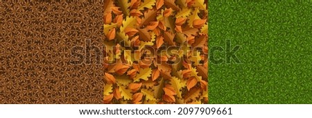 Game textures of green or dead brown grass and fallen autumn leaves seamless patterns. Lush lawn, meadow, fall foliage top view. 3d textured backgrounds, nature surface, graphic ui, gui vector layers