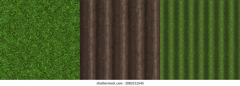 Game textures of green lawn, plowed farm field and grass meadow seamless patterns top view. Realistic textured backgrounds of soil, land, summer natural surface ui or gui layers 3d vector illustration