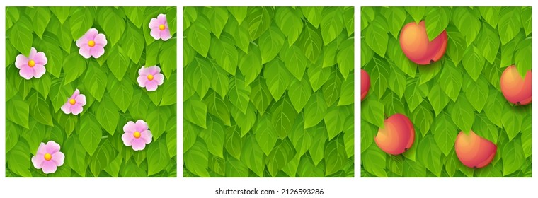 Game textures of green tree leaves, flowers and fruits. Seamless patterns with apples and blooming garden plant. Textured natural background, summer and spring orchard, Realistic 3d vector layers set