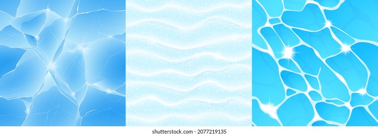 Game textures of ice, snow and water seamless pattern top view. Cartoon textured backgrounds, frozen and liquid surface, graphic design templates, ui or gui landscaping layers, Vector illustration