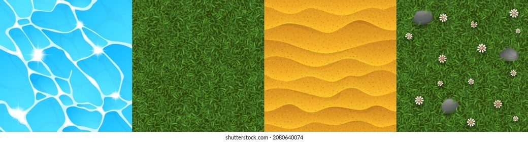 Game textures of water, green lawn, sand and grass meadow with flowers seamless patterns top view. Cartoon textured backgrounds, blue liquid, field and desert surface, graphic ui or gui vector layers