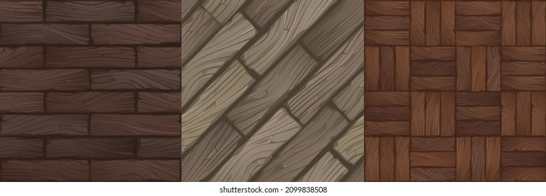 Game textures of wooden panels and bricks seamless pattern. Vector backgrounds brown grunge old wood tile parquet floor, laminate, hardwood parquetry design. Rectangle flooring slabs ui graphics set