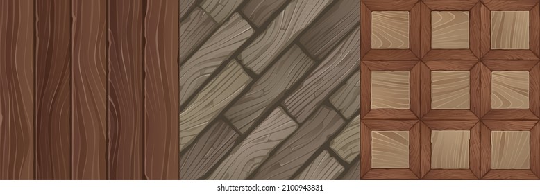 Game textures of wooden planks, bricks and panels seamless pattern. Vector backgrounds brown old wood tile parquet floor or table, laminate, hardwood parquetry, flooring slabs design ui graphics set