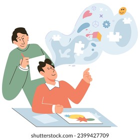 Game therapy vector illustration. Playing games allows for practical application and continuous practice acquired skills Psychology and psychotherapy contribute to understanding psychological impact