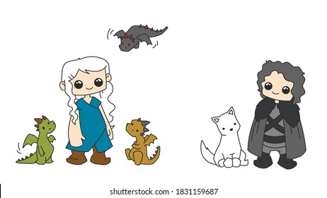 Spiel der Thronen, Daenerys Targaryen, Jon Snow, 
Vektorgrafik von Zeichen und Tieren