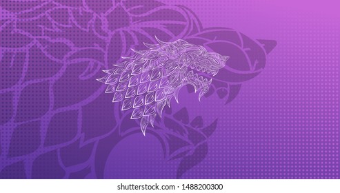 Game of Thrones Winter wolf stark poster. Snow Wolf head symbol. Abstract animal print design with techno background