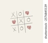 A game of tic tac toe with hearts. Doodle romantic x and o game with hand drawn red love symbols for card, poster. Vector valentine day concept.