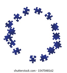 Game tickler jigsaw puzzle dark blue pieces vector background. Scatter of puzzle pieces isolated on white. Strategy abstract concept. Jigsaw match elements.