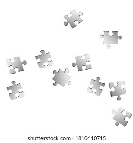 Game tickler jigsaw puzzle metallic silver pieces vector background. Top view of puzzle pieces isolated on white. Teamwork abstract concept. Connection elements.