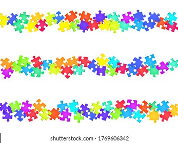 Juego tickler rompecabezas rompecabezas colores arcoiris piezas fondo vectorial. Vista superior de piezas de rompecabezas aisladas en blanco. Problema resolviendo concepto abstracto. Arte de fragmentos de jigsaw.
