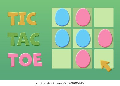 Game TIC-TAC-TOE UI. Easter themed. Background with Colored egg cards. Spring holiday printable worksheet. Zero and crosses grid