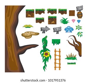game tile set background contains rock, stone, grass, plants and flowers for creating game,  
isolated on white background