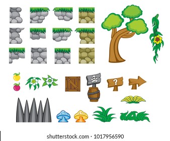 game tile set background contains rock, stone, grass, plants and flowers for creating game,  
isolated on white background