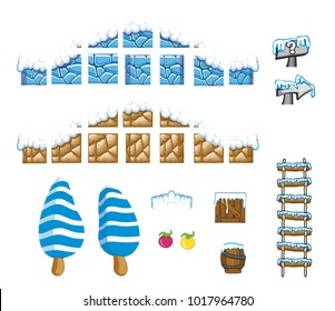 fundo conjunto de azulejos de jogo contém rocha, pedra, grama, plantas e flores para criar jogo no inverno,  
isolado no fundo branco
