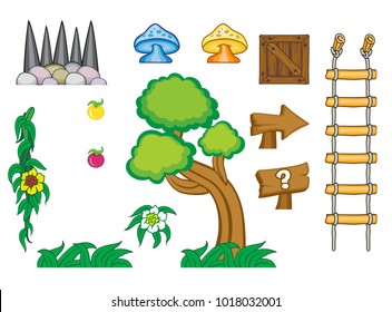 game tile set background contains rock, stone, grass, plants and flowers for creating game,  
isolated on white background