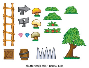 game tile set background contains tree, grass, plants and flowers for creating game,  
isolated on white background