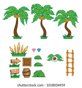 game tile set background contains tree, grass, plants and flowers for creating game,  
isolated on white background
