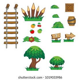 game tile set background contains tree, grass, barrel, crate, plants, flowers and object for creating game,  
isolated on white background