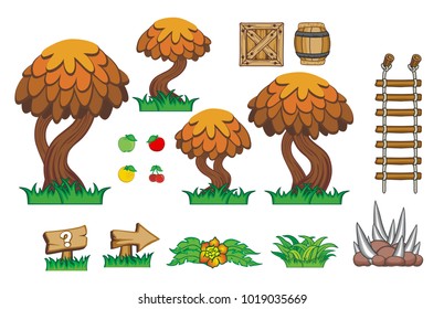 el fondo del juego de baldosas contiene árboles, hierba, barril, crema, escalera, plantas, flores y objetos para la creación de juegos,  
 aislado sobre fondo blanco