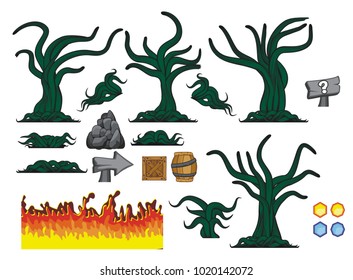 game tile set background contains tree, flame fire, barrel, crate, plants, flowers and object for creating game,  
isolated on white background