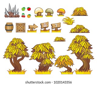 game tile set background contains tree, grass, barrel, crate, stair, plants, flowers and object for creating game,  
isolated on white background