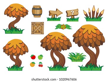 game tile set background contains tree, grass, barrel, crate, stair, plants, flowers and object for creating game,  
isolated on white background