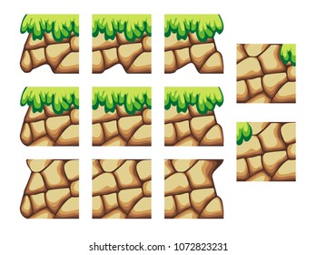 game tile set background contains rock and grass for creating game, isolated on white background
