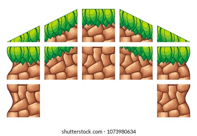 game tile set background contains rock wall and leaves for creating game, isolated on white background