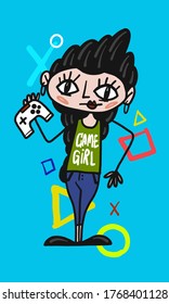 Game time. Game girl. Colorful vector Illustration.