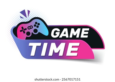 Game Time Label With Joypad Icon, Flat Vector Illustration Isolated On White Background.