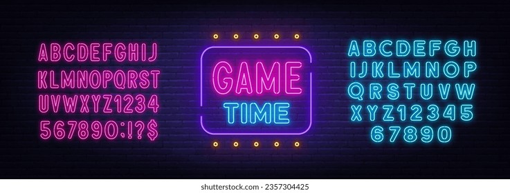 Game Time neon sign on brick wall background.