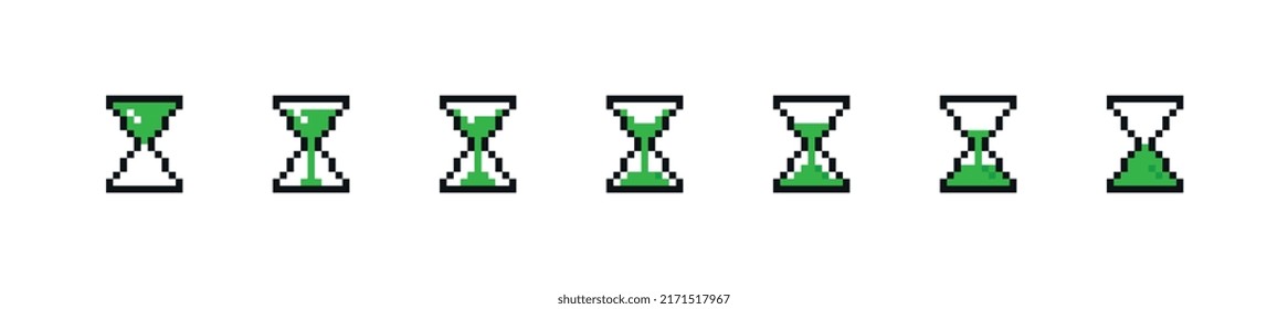 Game time scale concept. Set of pixelated green hourglasses with different fill levels. Classic design element for virtual video games. Cartoon simple vector collection isolated on white background