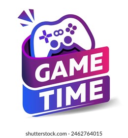 Game time sign on a white background. Template design in 3D style for business brand and logo. Speech bubble with word Game time and Joypad icon.
