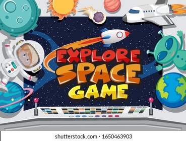 Game title template design with explore space game illustration