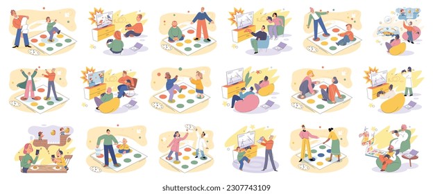 Game together. Family fun. Friendship time. Vector illustration. Board games offer break from technology and encourage face-to-face interaction Playing games with friends strengthens bond and creates