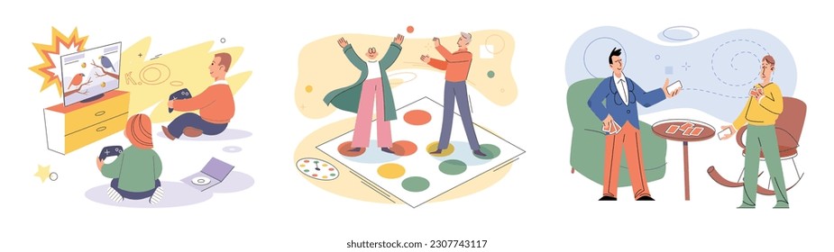 Game together. Family fun. Friendship time. Vector illustration. Board games offer break from technology and encourage face-to-face interaction Playing games with friends strengthens bond and creates