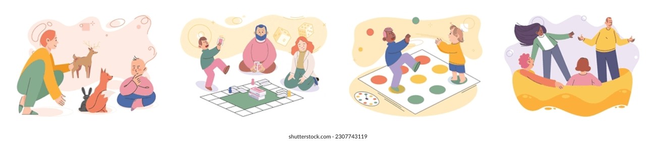 Game together. Family fun. Friendship time. Vector illustration. Board games provide platform for people to interact, communicate, and enjoy each other's company The spirit of friendship shines bright