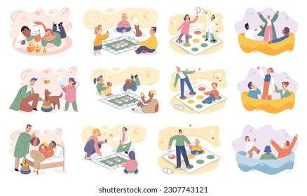 Game together. Family fun. Friendship time. Vector illustration. Family time spent playing games cultivates sense of belonging and togetherness Board games offer delightful escape from ordinary