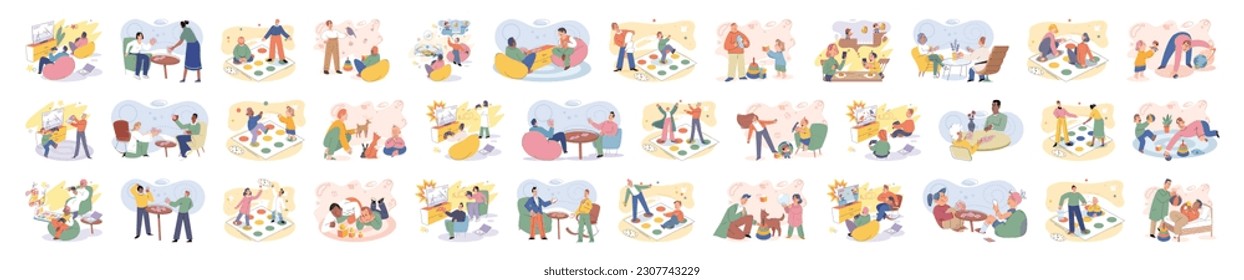 Game together. Family fun. Friendship time. Vector illustration. Engaging in board game brings people closer and encourages healthy competition People playing games together discover new aspects of