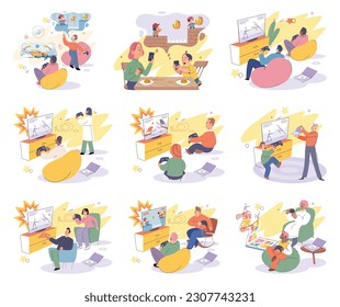 Game together. Family fun. Friendship time. Vector illustration. Engaging in game with friends brings out playful side in everyone People playing games together forge deep connections and create