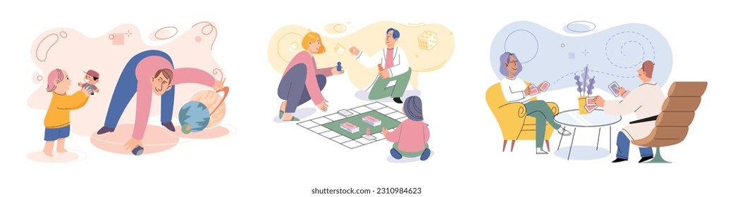 Game together. Family fun. Friendship time. Vector illustration. People playing games together experience moments of pure joy and excitement Family time spent playing games investment in lifelong