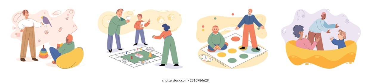 Game together. Family fun. Friendship time. Vector illustration. The laughter and cheerfulness during friends game night simply infectious Playing games with loved ones creates warm and welcoming