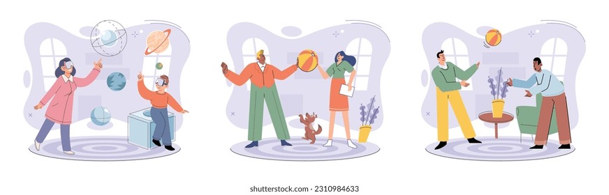 Game together. Family fun. Friendship time. Vector illustration. Family game nights allow everyone to unwind and enjoy each others company Board games ignite sense of enthusiasm and curiosity in