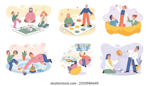 Juego juntos. Diversión familiar. Tiempo de amistad. Ilustración vectorial. Los juegos de mesa ofrecen infinitas posibilidades para que las personas de todas las edades se reúnan y disfruten de la risa y la emoción durante la noche del juego