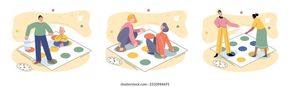 Game together. Family fun. Friendship time. Vector illustration. Family time centered around playing games strengthens family bond and creates lasting traditions Board games stimulate mind and promote