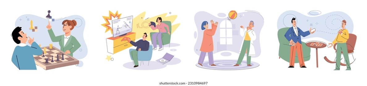 Game together. Family fun. Friendship time. Vector illustration. Playing games together great way to bond as family and have fun The characters in game came alive with each players unique strategies